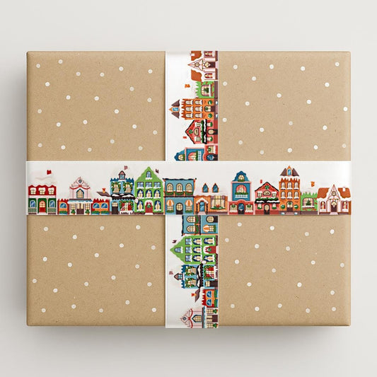 Holiday Village Christmas Ribbon – 1" (25 mm) White Satin Ribbon, 10 Yards (9 m) for Gift Wrapping, Holiday Crafts & Festive Decorations