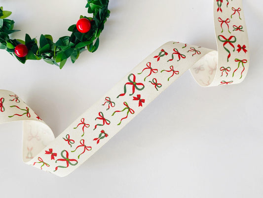 Red Green Bow Christmas Ribbon – 1" (25 mm) Bowknot Print Cotton Ribbon, 10 Yards (9 m) for Gift Wrapping, Holiday & New Year Decorations