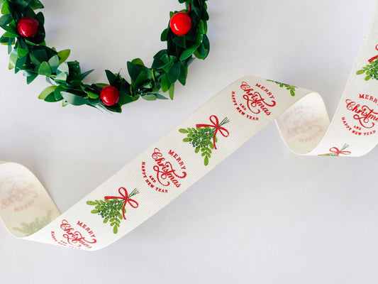 Merry Christmas Ribbon – 1" (25 mm) Cotton Mistletoe Print Ribbon, 10 Yards (9 m) Red Green Script Lettering, Holly Berry Gift Wrap