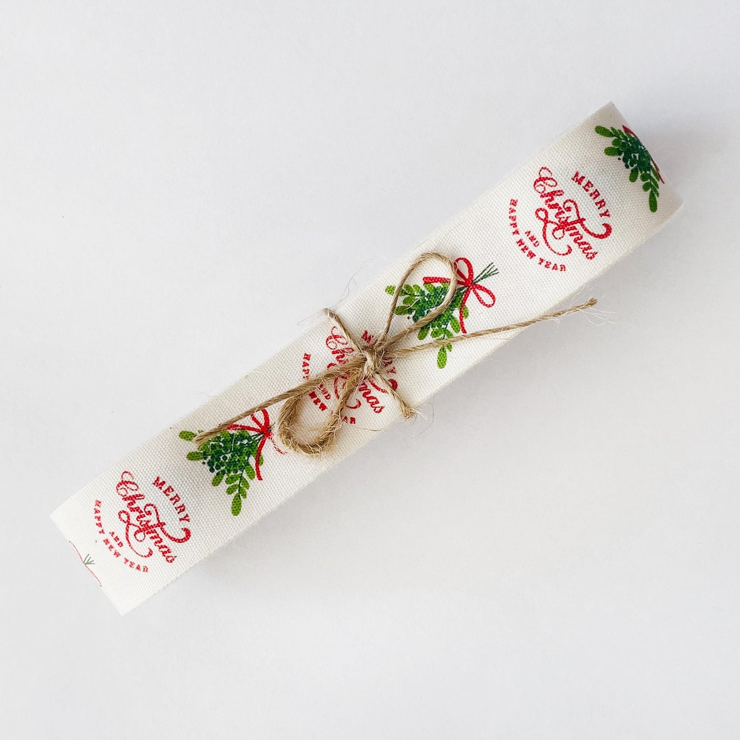 Merry Christmas Ribbon – 1" (25 mm) Cotton Mistletoe Print Ribbon, 10 Yards (9 m) Red Green Script Lettering, Holly Berry Gift Wrap