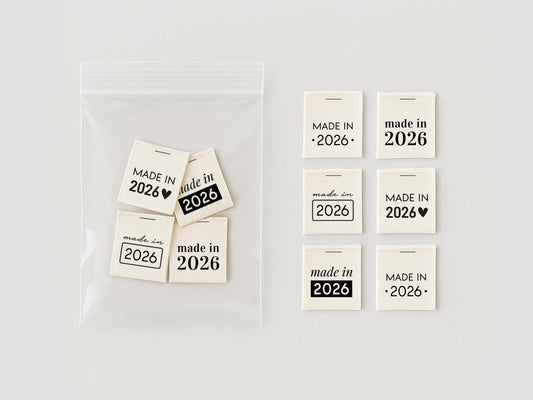Made in 2026 Labels – 20 pcs Folded Cotton Clothing Labels with Production Year for Garment, Quilt Tag Sewing